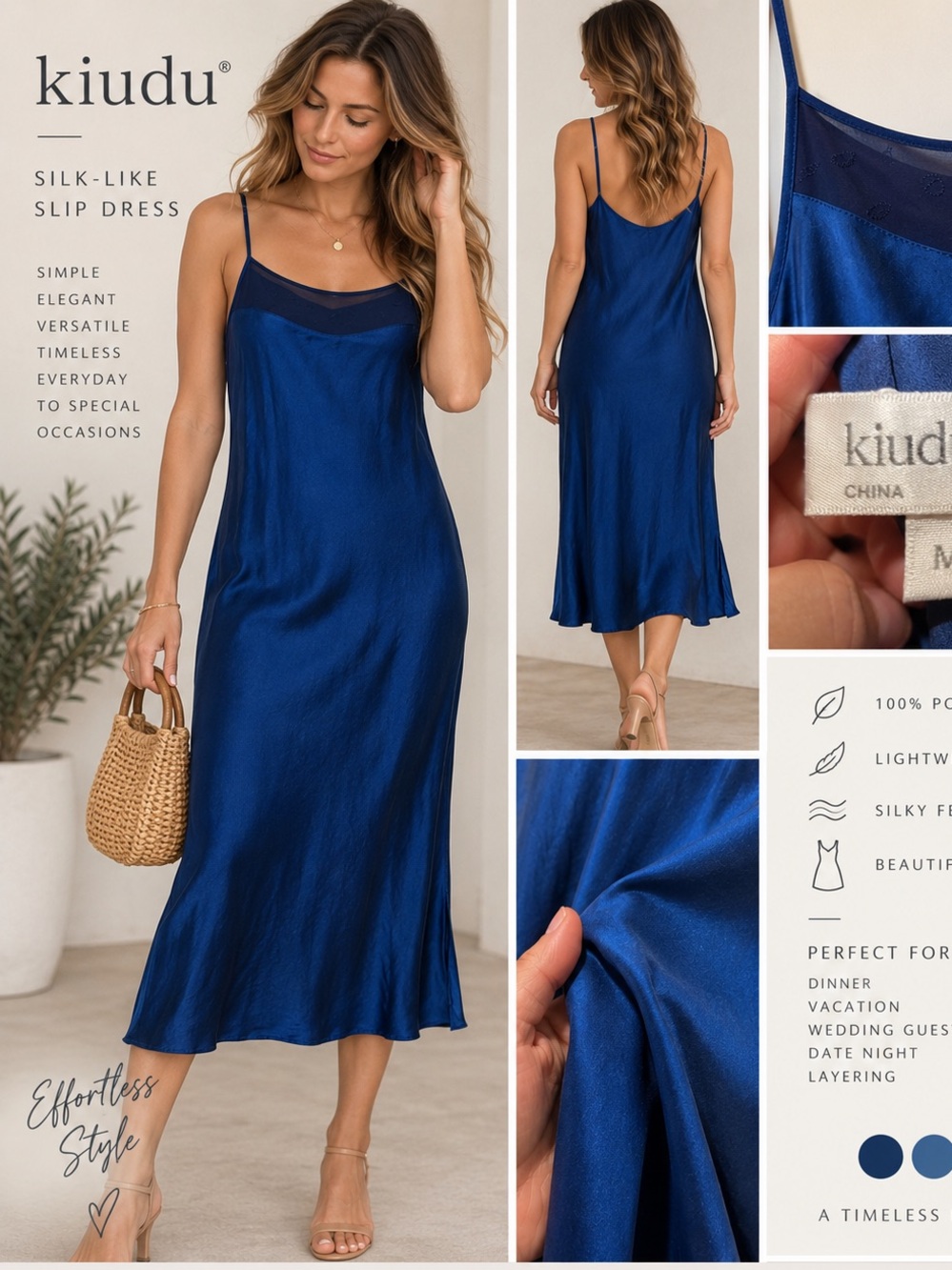 Kiudu Blue Satin Slip Dress Size M Sheer Mesh Spaghetti Strap Midi Dress